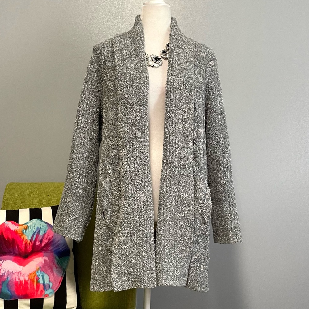 Barefoot Dreams CozyChic Cabin Cable Knit Cardigan Sweater Smokey Green/Fog Gray